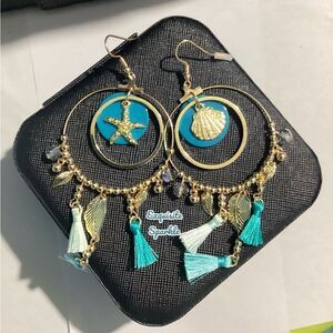 - 🐚⭐️Nautical Teal& GoldTone Shell and Starfish Hook drop circle tassel Ea…